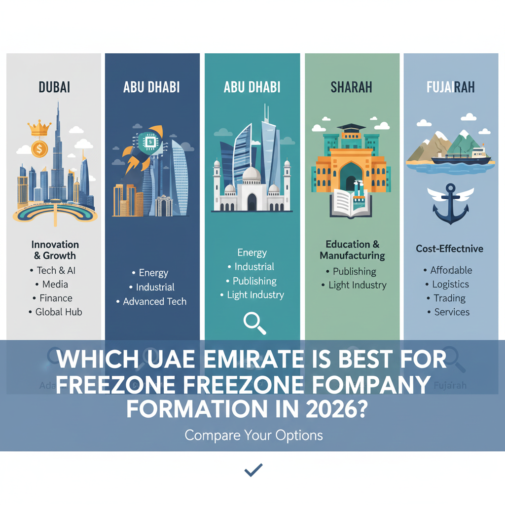 Which UAE Emirate Is Best for Freezone Company Formation in 2026? A professional comparison graphic of UAE Emirates including Dubai, Abu Dhabi, and Sharjah, showcasing modern office skyscrapers and legal documents to help entrepreneurs choose the best freezone company formation in 2026.